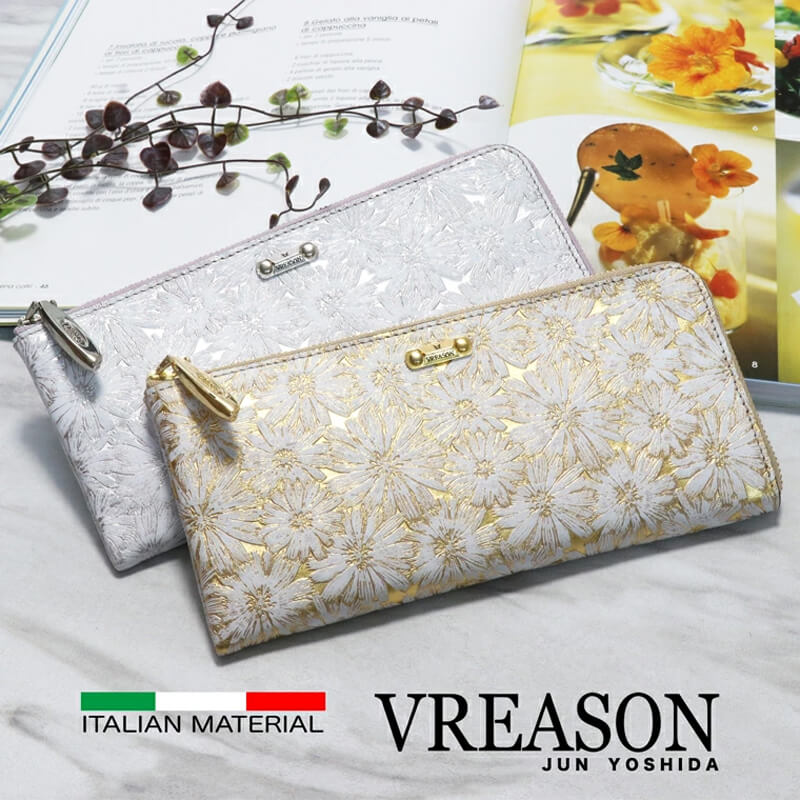 イタリアンレザー 長財布 L字ファスナー デイジー柄 VREASON ヴレアゾン